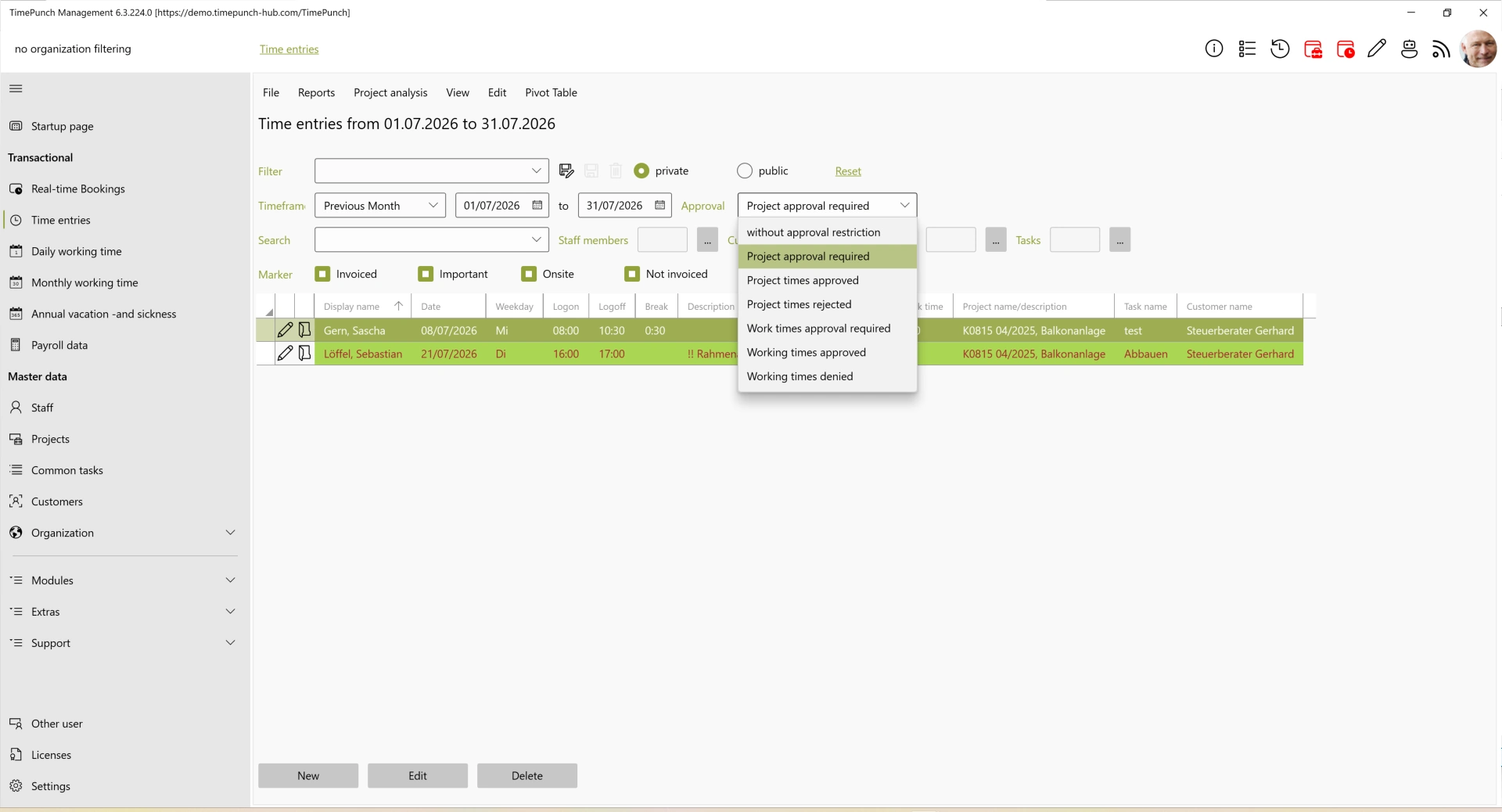 Filter Required Project Time Approvals