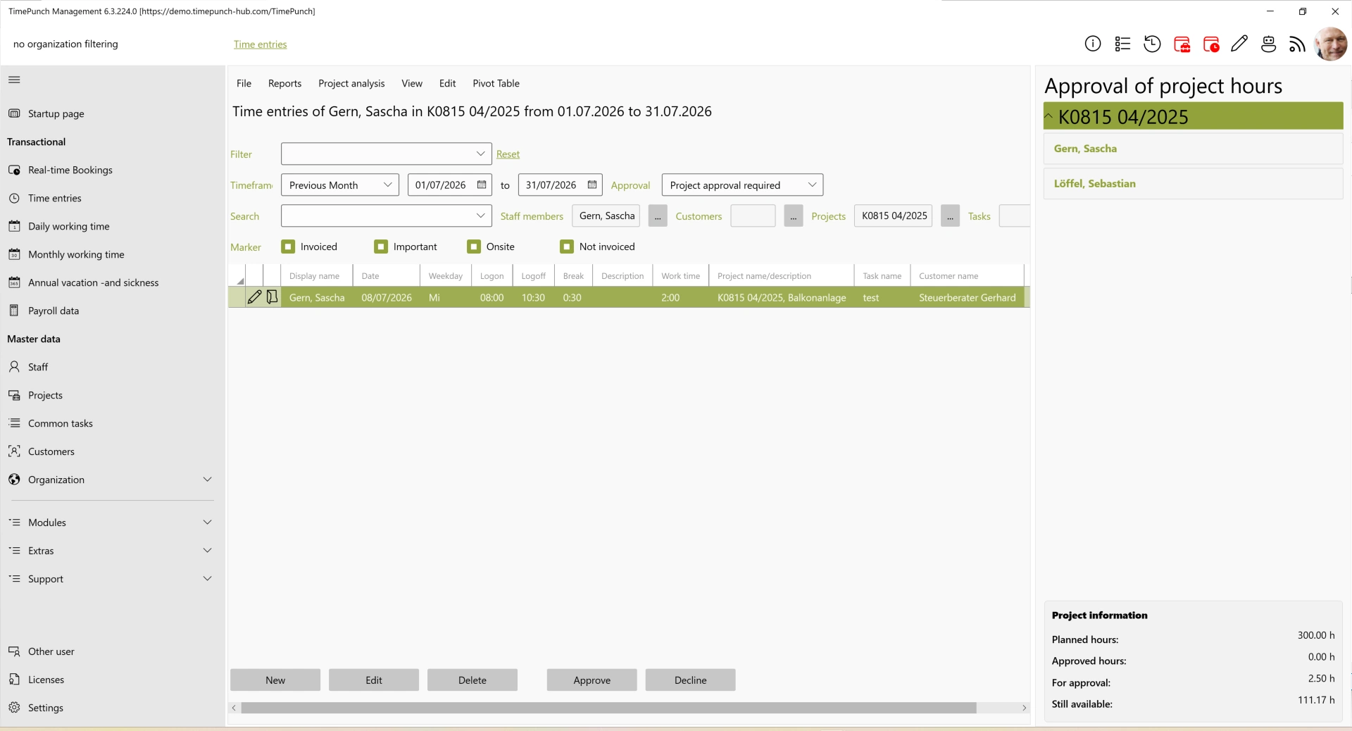 Project Time Approval Panel